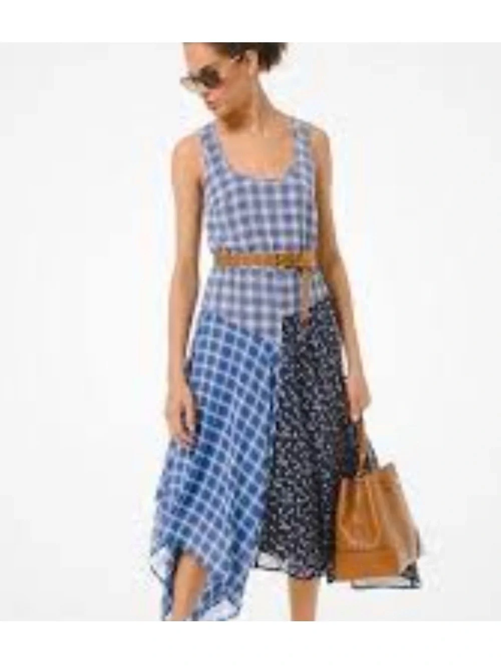 Michael Kors Blue Patchwork handkerchief chambray Asymmetrical Tank belt Dress